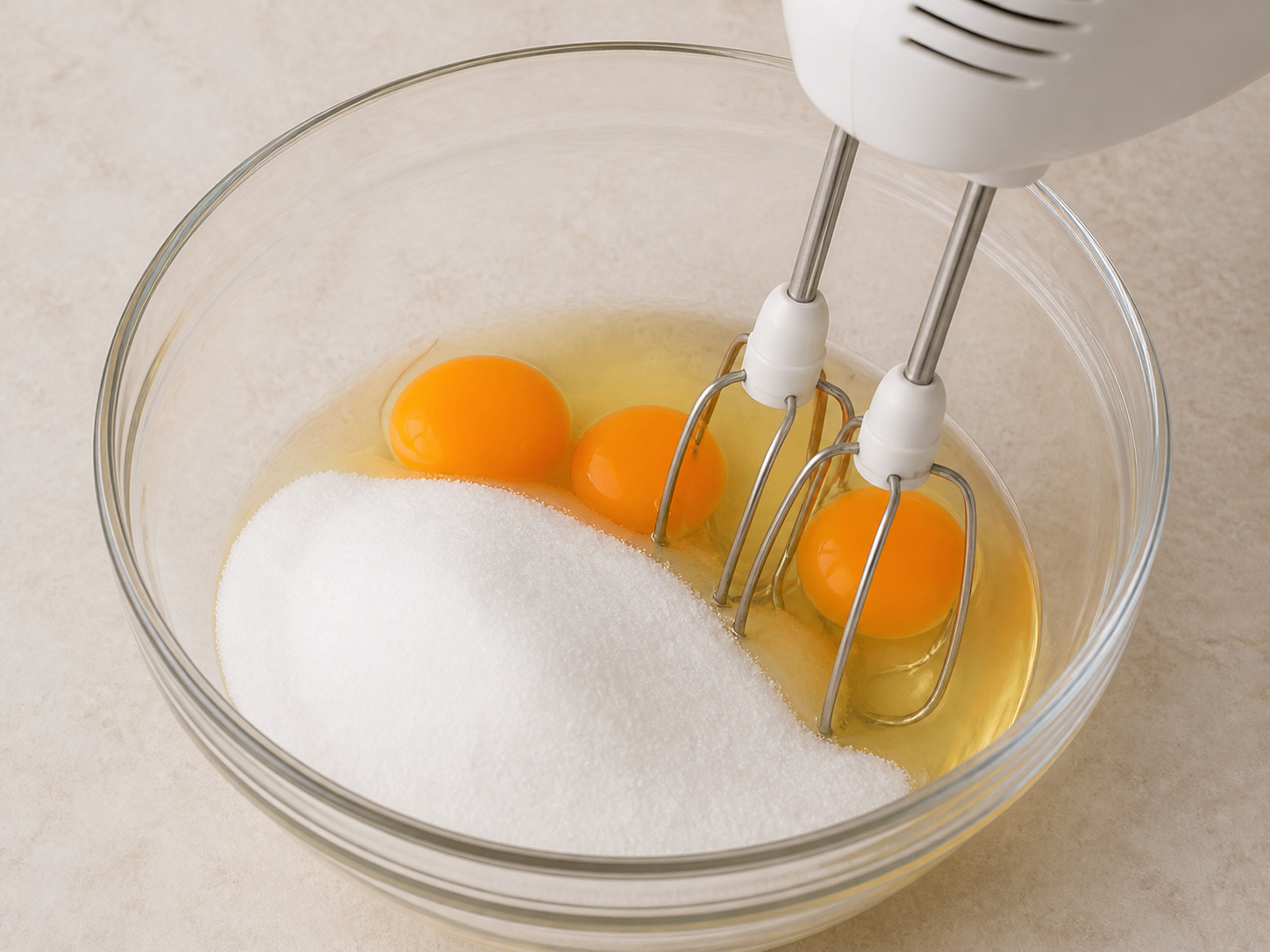 Eggs and sugar ready to be whisked for carrot walnut cake