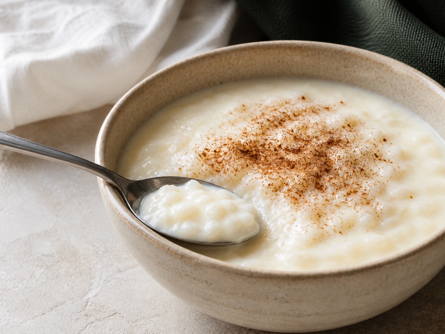A spoonful of creamy Turkish rice pudding beside its cinnamon-topped bowl