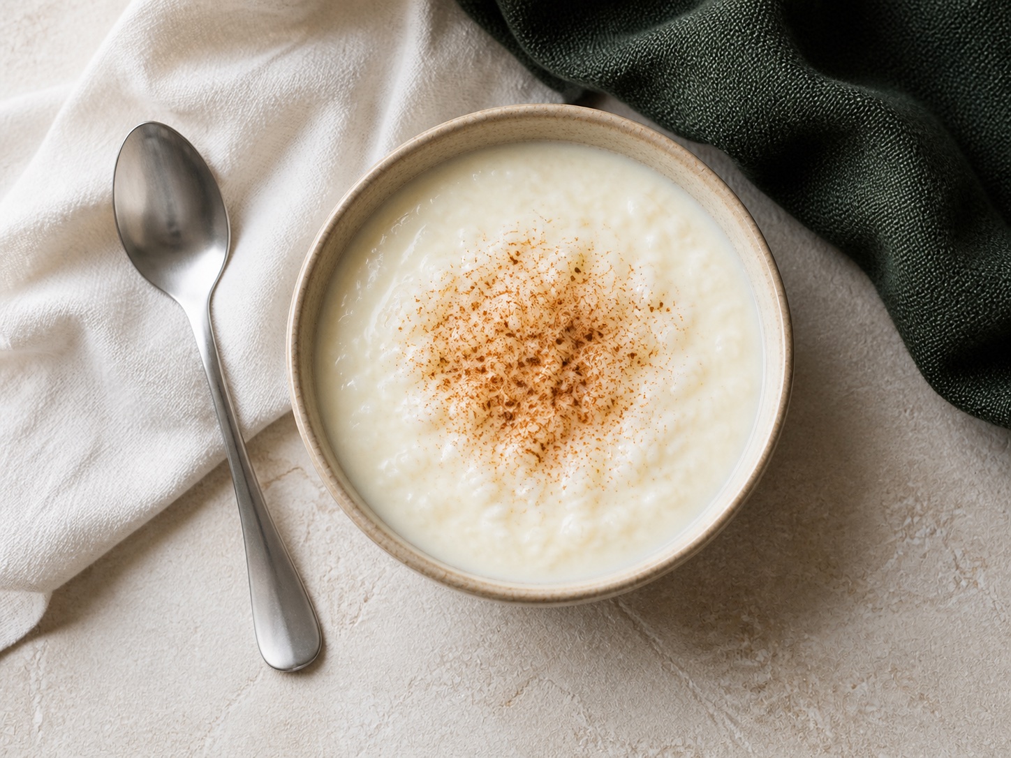 Overhead view of cinnamon-topped Turkish rice pudding with a spoon beside the bowl