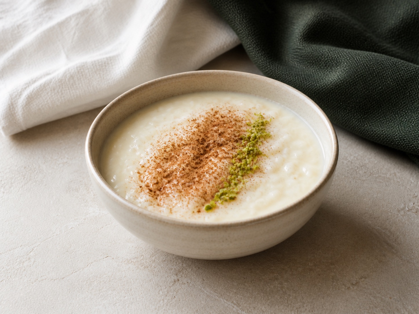 Turkish rice pudding with cinnamon and an optional sprinkle of chopped pistachios